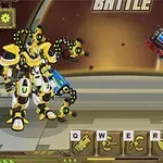 Kaksi mekaanista robottia, keltainen ja punainen, kohtaavat areenalla, ja alareunassa on ohjauspainikkeet