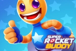 Animoitu hahmo pitää peukkua pystyssä sinisessä puvussa, jossa on tähti ja teksti Super Rocket Buddy
