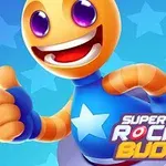 Animoitu hahmo pitää peukkua pystyssä sinisessä puvussa, jossa on tähti ja teksti Super Rocket Buddy