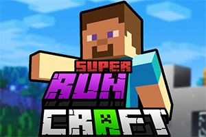 Pikselöity hahmo näyttää heilauttavan kättään, etualalla isolla teksti Super Run Craft