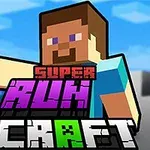 Pikselöity hahmo näyttää heilauttavan kättään, etualalla isolla teksti Super Run Craft