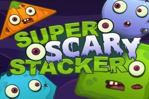 Piirretyt monsterit ja teksti Super Scary Stacker tummalla taustalla