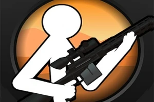 Valkoinen tikku-ukko pitelee tarkkuuskivääriä oranssia taustaa vasten