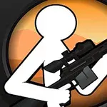 Valkoinen tikku-ukko pitelee tarkkuuskivääriä oranssia taustaa vasten