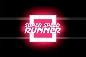 Vaaleanpunainen ja valkoinen hehkuva logo, jossa lukee Super Speed Runner mustaa taustaa vasten