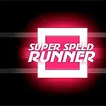 Vaaleanpunainen ja valkoinen hehkuva logo, jossa lukee Super Speed Runner mustaa taustaa vasten