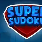 Sinisellä taustalla punainen kilpi, jossa lukee Super Sudoku sinisillä kirjaimilla