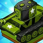 Vihreä piirretty tankki, jossa on valkoisia tähtiä, värikkäällä sinisellä taustalla