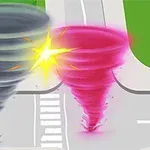 Kaksi tornadoa, harmaa ja punainen, kohtaavat tiellä kirkkaan valon välähdyksessä