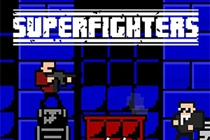 Pikseligrafiikkatyylinen kuva, jossa kaksi hahmoa taistelee lavasteilla varustetussa sinisävyisessä ympäristössä, ja yläreunassa on sana SUPERFIGHTERS