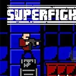 Pikseligrafiikkatyylinen kuva, jossa kaksi hahmoa taistelee lavasteilla varustetussa sinisävyisessä ympäristössä, ja yläreunassa on sana SUPERFIGHTERS