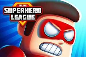 Sarjakuvamainen supersankarihahmo punaisessa naamarissa ja sinisessä taustassa, jossa lukee Superhero League