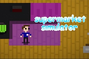 Pikselimäinen hahmo seisoo violetilla alueella, oikealla puolella teksti supermarket simulator