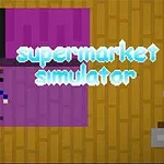 Pikselimäinen hahmo seisoo violetilla alueella, oikealla puolella teksti supermarket simulator