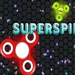 Iso punainen ja pienempi vihreä fidget spinner tummalla kuusikulmaisella taustalla, jossa kirkkaita valopisteitä ja värikäs teksti SUPERSPIN