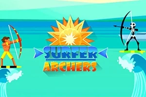 Kaksi jousiampujaa surffaa vastakkain turkoosilla merellä, heidän yläpuolellaan aurinko ja teksti Surfer Archers