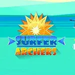 Kaksi jousiampujaa surffaa vastakkain turkoosilla merellä, heidän yläpuolellaan aurinko ja teksti Surfer Archers