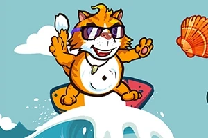 Kissa surffaa vesilaudalla aurinkolasit päässään, ympärillä aaltoja ja simpukoita