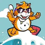 Kissa surffaa vesilaudalla aurinkolasit päässään, ympärillä aaltoja ja simpukoita