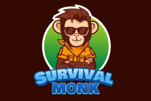 Apina aurinkolaseissa ja huivi kaulassa, kahvinruskea tausta ja teksti Survival Monk