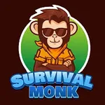 Apina aurinkolaseissa ja huivi kaulassa, kahvinruskea tausta ja teksti Survival Monk