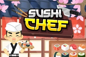 Sushikokki seisoo tarjottimen kanssa, taustalla sushiannoksia ja sakura-kukkia