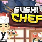 Sushikokki seisoo tarjottimen kanssa, taustalla sushiannoksia ja sakura-kukkia