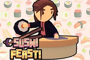 Piirroshahmo, jolla on ruskeat hiukset, valmistaa sushia pyöreän pöydän äärellä vaaleanpunaisella taustalla, jossa on erilaisia sushikuvioita