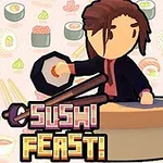 Piirroshahmo, jolla on ruskeat hiukset, valmistaa sushia pyöreän pöydän äärellä vaaleanpunaisella taustalla, jossa on erilaisia sushikuvioita
