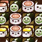 Piirroskuva, jossa on hymyileviä sushi- ja riisirullia ruskealla taustalla
