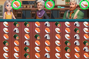 Kolme piirrettyä hahmoa seisoo tiskin takana, jossa on riveittäin erilaisia sushipaloja