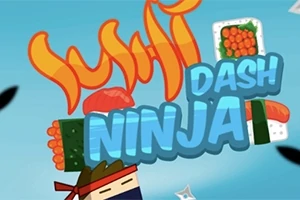 Animoitu kuva, jossa on sushia, tekstiä ja ninja-aiheista visuaalista sisältöä vaaleansinisellä taustalla