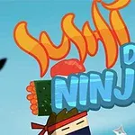 Animoitu kuva, jossa on sushia, tekstiä ja ninja-aiheista visuaalista sisältöä vaaleansinisellä taustalla