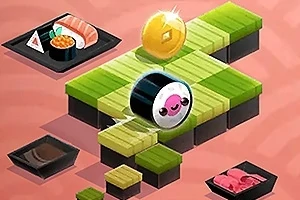 Sushirulla, jossa on hymyilevä kasvot, liikkuu vihreitä laattoja pitkin, yläpuolella kultainen kolikko, taustalla muita sushi-annoksia