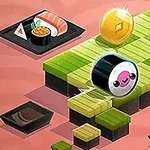 Sushirulla, jossa on hymyilevä kasvot, liikkuu vihreitä laattoja pitkin, yläpuolella kultainen kolikko, taustalla muita sushi-annoksia