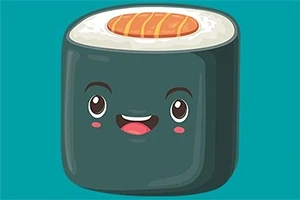 Sushi-rulla, jossa on hymyilevät kasvot ja lohipala päällä, turkoosilla taustalla