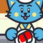 Sininen kissahahmo esiliinassa pitää kädessään lautasta, jossa on sushipala