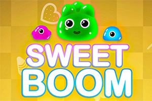 Värikkäitä, ilmeikkäitä limamaisia hahmoja ja teksti Sweet Boom keltaisella taustalla