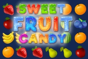 Värikkäistä hedelmistä ja karkeista muodostuva teksti Sweet Fruit Candy tummalla taustalla, ympärillä hedelmiä kuten mansikoita, appelsiineja ja banaaneja