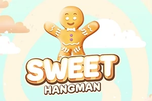 Piparkakku-ukko hymyilee vaalean pilvistä taustaa vasten tekstin SWEET HANGMAN yläpuolella