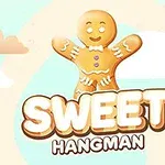 Piparkakku-ukko hymyilee vaalean pilvistä taustaa vasten tekstin SWEET HANGMAN yläpuolella