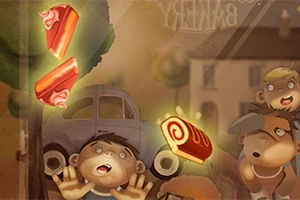 Sweet Slice Useat lapset katselevat ikkunan läpi kakkua ja leivonnaisia autotallirakennuksen edessä