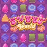 Joukko värikkäitä pastelleja ja karamelleja purppuralla taustalla, keskellä teksti Sweet World