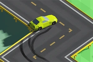 Keltainen auto tekee renkaanjälkiä harmaalle tielle kaarteessa kaiteen lähellä