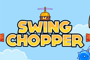 Keltainen otsikko SWING CHOPPER pilvisellä taustalla, yläpuolella piirretty hahmo helikopterihatulla