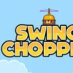 Keltainen otsikko SWING CHOPPER pilvisellä taustalla, yläpuolella piirretty hahmo helikopterihatulla