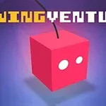 Punainen kuutio, jossa on kaksi valkoista ympyrää, roikkuu narusta sinisen taustan edessä, ja yläreunassa lukee SWING VENTURE