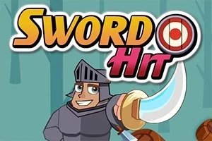 Ritari mustassa haarniskassa hymyilee ja pitelee miekkaa, taustalla on metsää ja Sword Hit -teksti