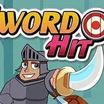 Ritari mustassa haarniskassa hymyilee ja pitelee miekkaa, taustalla on metsää ja Sword Hit -teksti