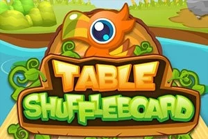 Värikäs logo, jossa on oranssi lintu ja teksti Table Shuffleboard luonnon taustalla